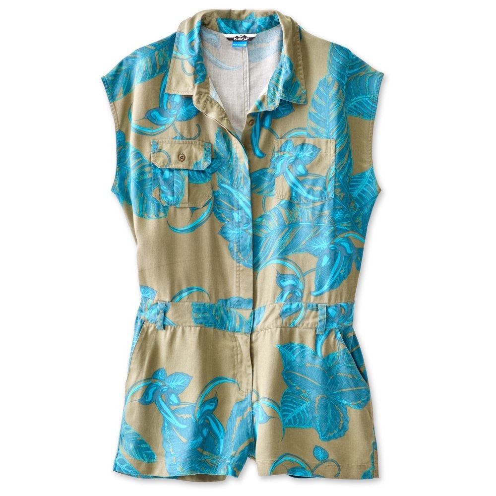 Kavu Freeland Tencel Romper in a green and blue leaf print Size Med